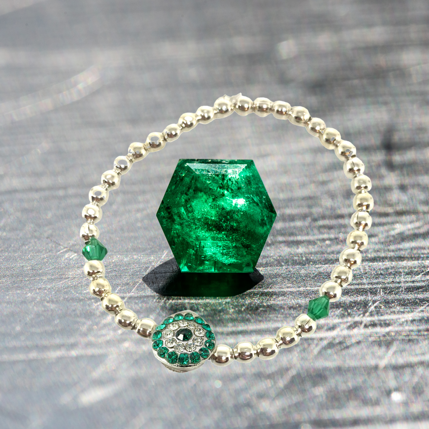 Emerald and Silver Beaded Stretch Bracelet